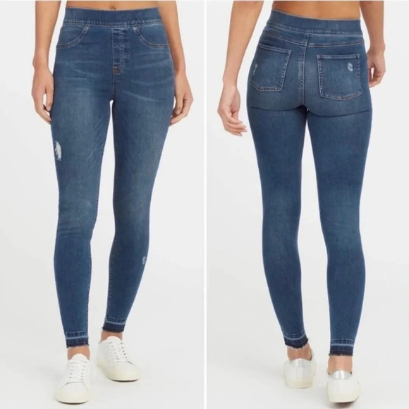 Spanx Distressed‎ Ankle Skinny Jeans Size Small Medium-Wash Stretch Raw Hem - Picture 1 of 12